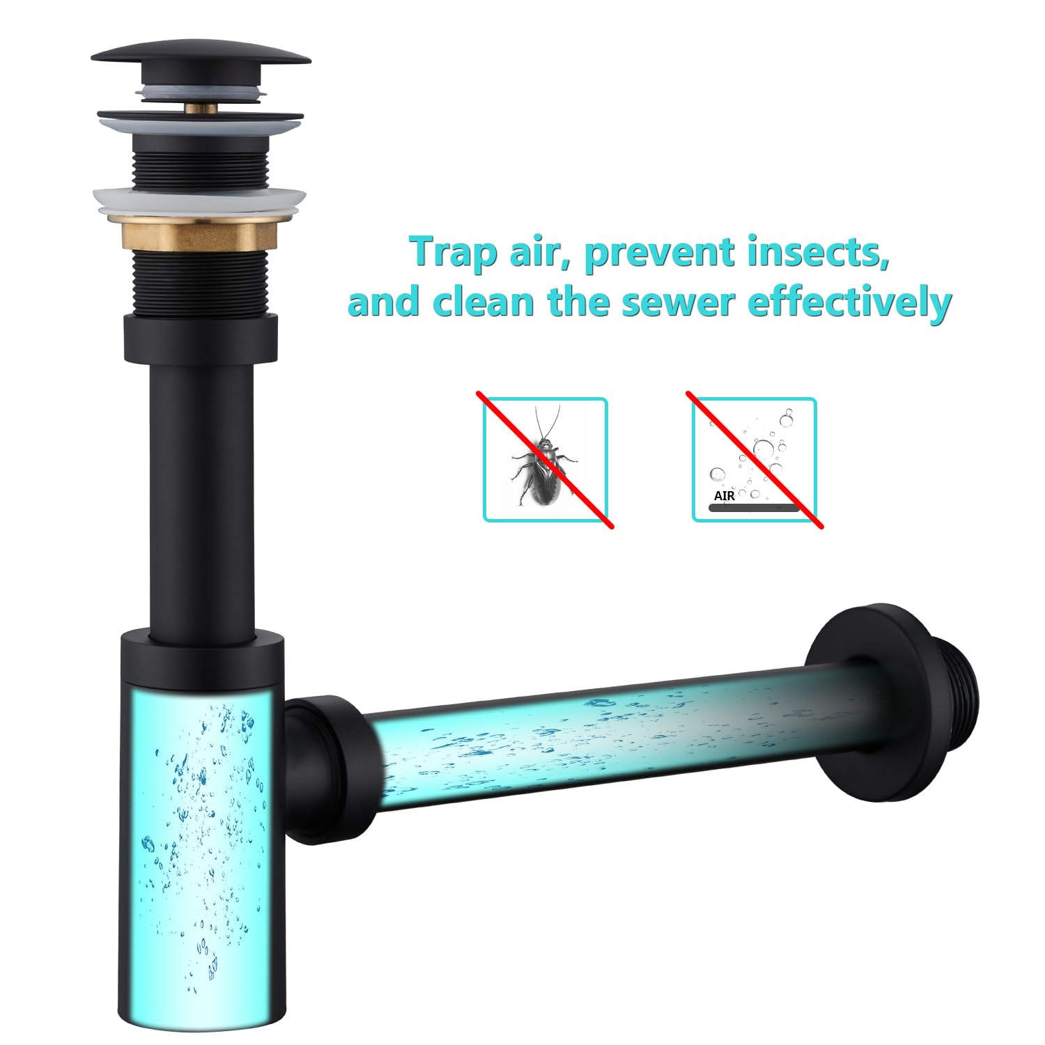 Sifón de Diseño con Desagüe Lavabo sin Rebosadero, Sifón Lavabo Negro Universal con Abertura de Limpieza, Altura Ajustable, Válvula Click Clack Lavabo para Baño y Aseo