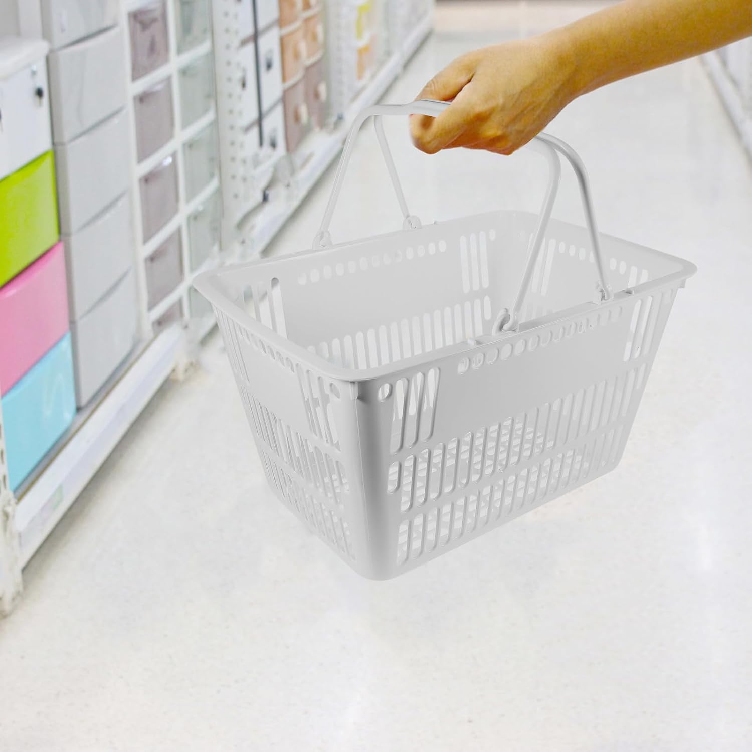 White Plastic Handled Shopping Basket for Kitchen Storage Organization