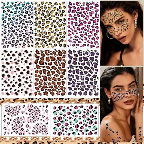 Leopard Print Temporary Tattoos Cheetah Print Fake Tattoos Mixed Styles Tiger Tattoos Cute Animal Print Stickers Waterproof Leopard Face Halloween Tattoo for Boys Girls Body Art Makeup 8 Sheets