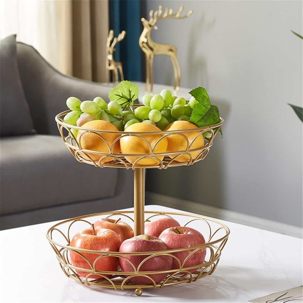 Estantes de frutas Cesta de fruta metal doble capa, mesa centro, cesta , frutero alambre(Gold)