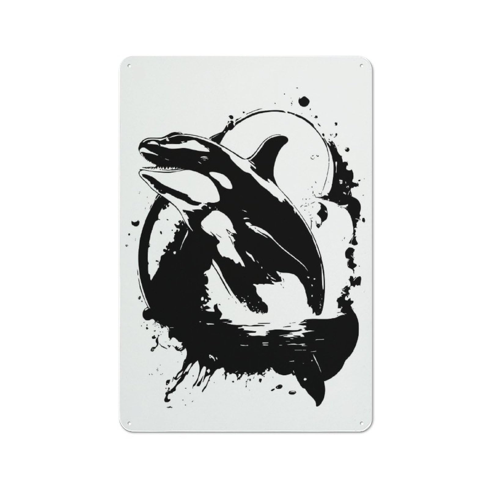 Junmoney Orca Whale Black And White Illustration Metal Wall Sign 30X20cm Featuring For Bar Or Restaurant, For Bar Decor Enthusiasts