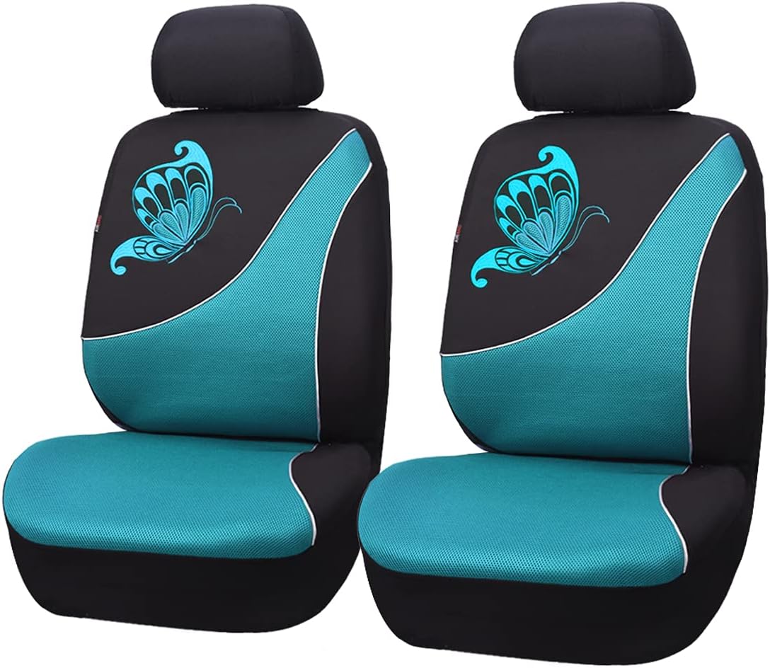 Flying Banner Mesh Colorized Universal Fit Car Seat Covers with Butterfly Embroidery Design (2 Fronts, Mint Blue)