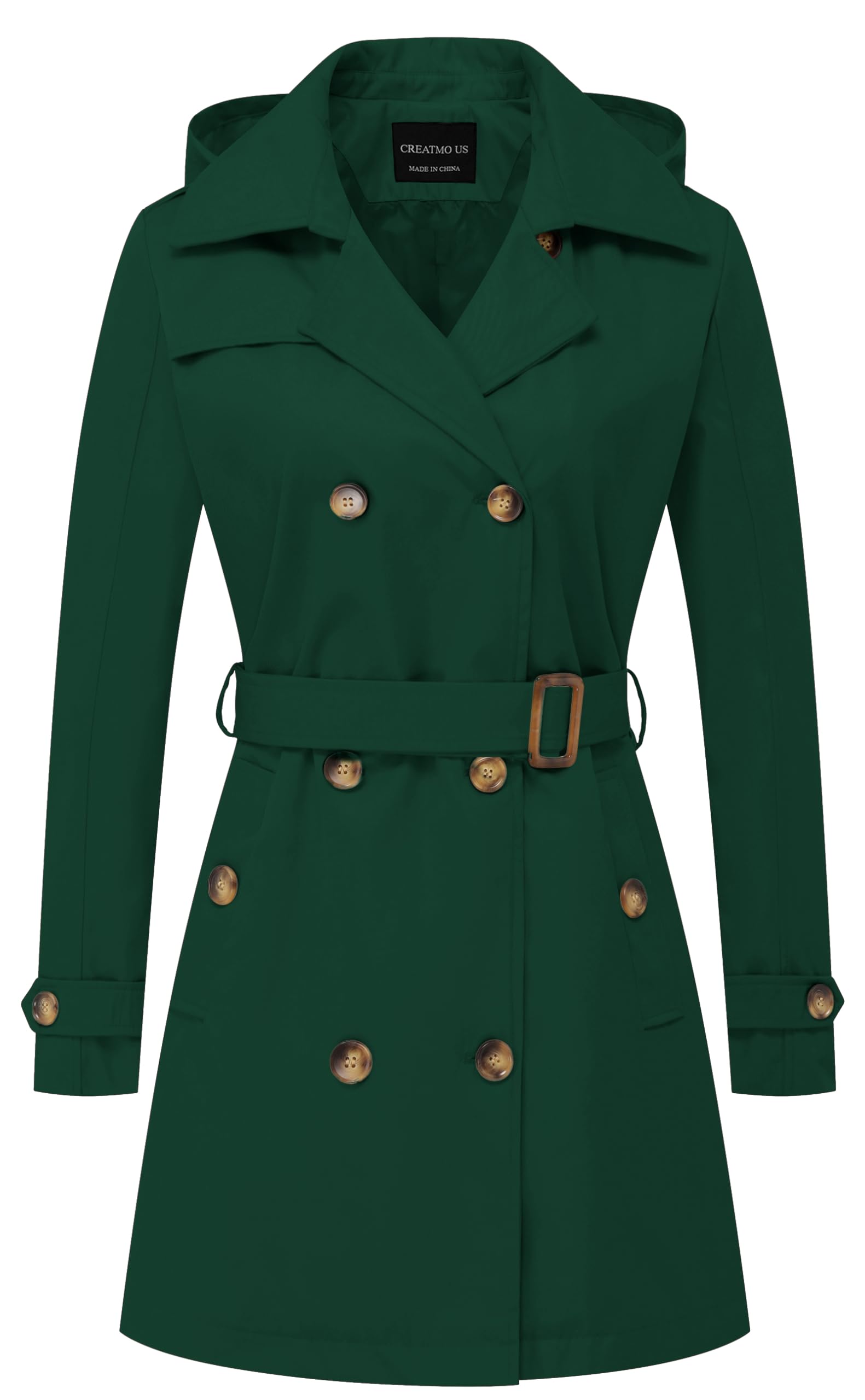 CREATMO US Women's Trench Coat Double-Breasted Classic Lapel Overcoat Belted Slim Outerwear Coat with Detachable Hood
