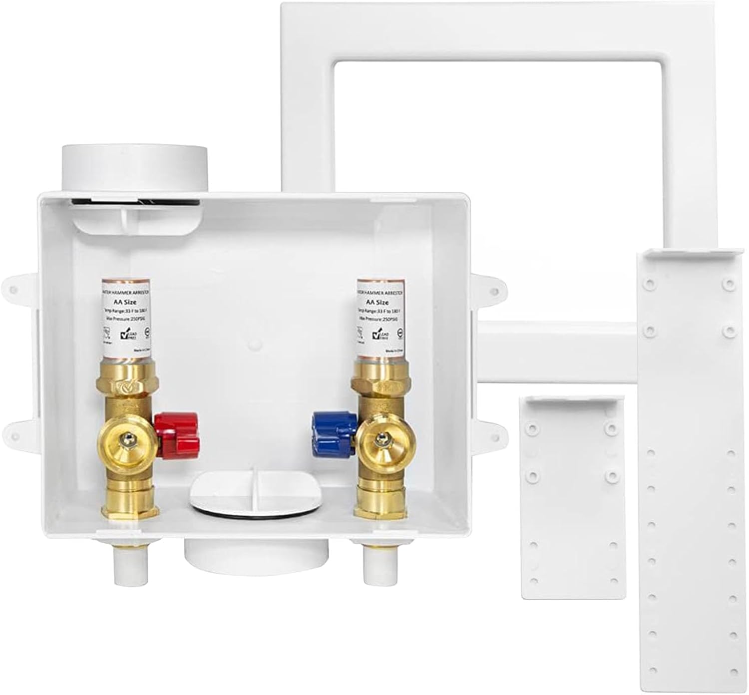 Washing Machine Outlet Box, Center Drain/Side Drain, 1/2 Inch CPVC Inlet x 3/4 Inch MHT Outlet Connection, Laundry Washer Valve Outlet Box, with Copper Water Hammer Arrestor(WM014)