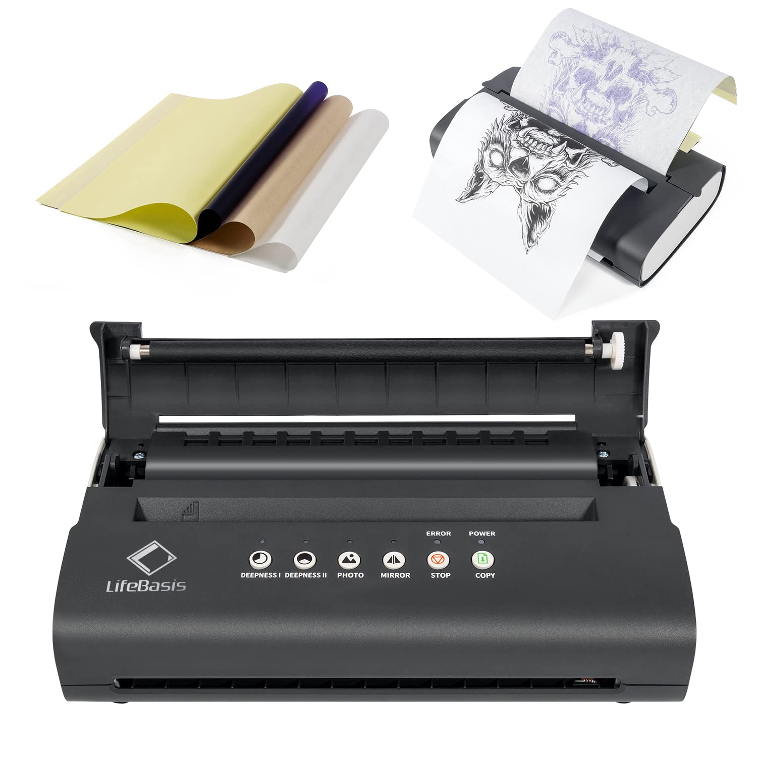 LifeBasis Thermocopieur Tatouage 203 DPI, Imprimante Stencil Tatouage avec 20 Papier Transfert A4, Imprimante Transfert Tatouage Machine de Transfert de Tatouage