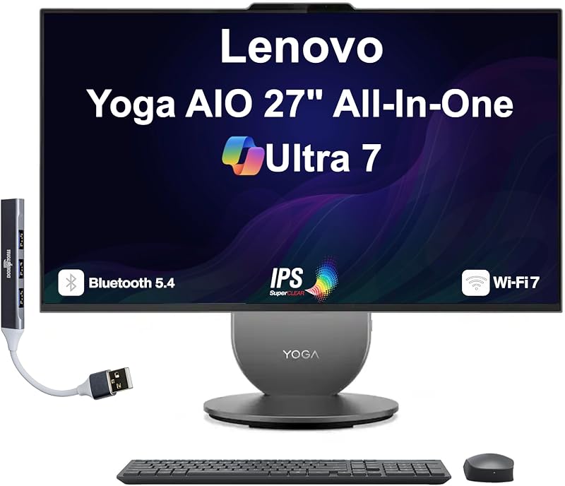 Lenovo Yoga Pantalla IPS QHD todo en uno de alto rendimiento de 27" (Intel Ultra 7-255H, 16 GB LPDDR5X, 1 TB PCIe SSD, Intel Arc 140T, WiFi 7, cámara web, Bluetooth 5.4, Win 11 Pro) con expansor de puerto USB DKZ