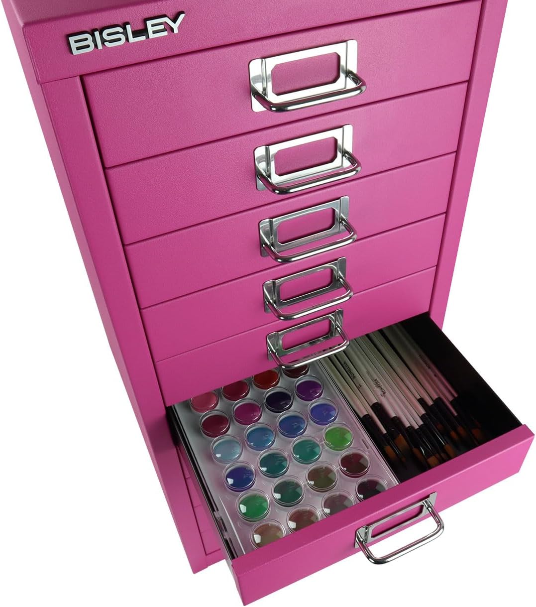 Bisley 10-Drawer Steel MultiDrawer Cabinet - Fuchsia, Chrome Pull Handles with Label Holders, Powder-Coated Steel, Removable Drawers, Fits Under Most Desks, Labels Included