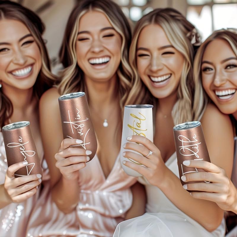 CFuniq® Personalized Wine Tumbler Set for Bridesmaids, Rose Gold and White, Customizable Text, Wedding Party Gift, Stainless Steel Insulated Cup, 6oz - Image 2