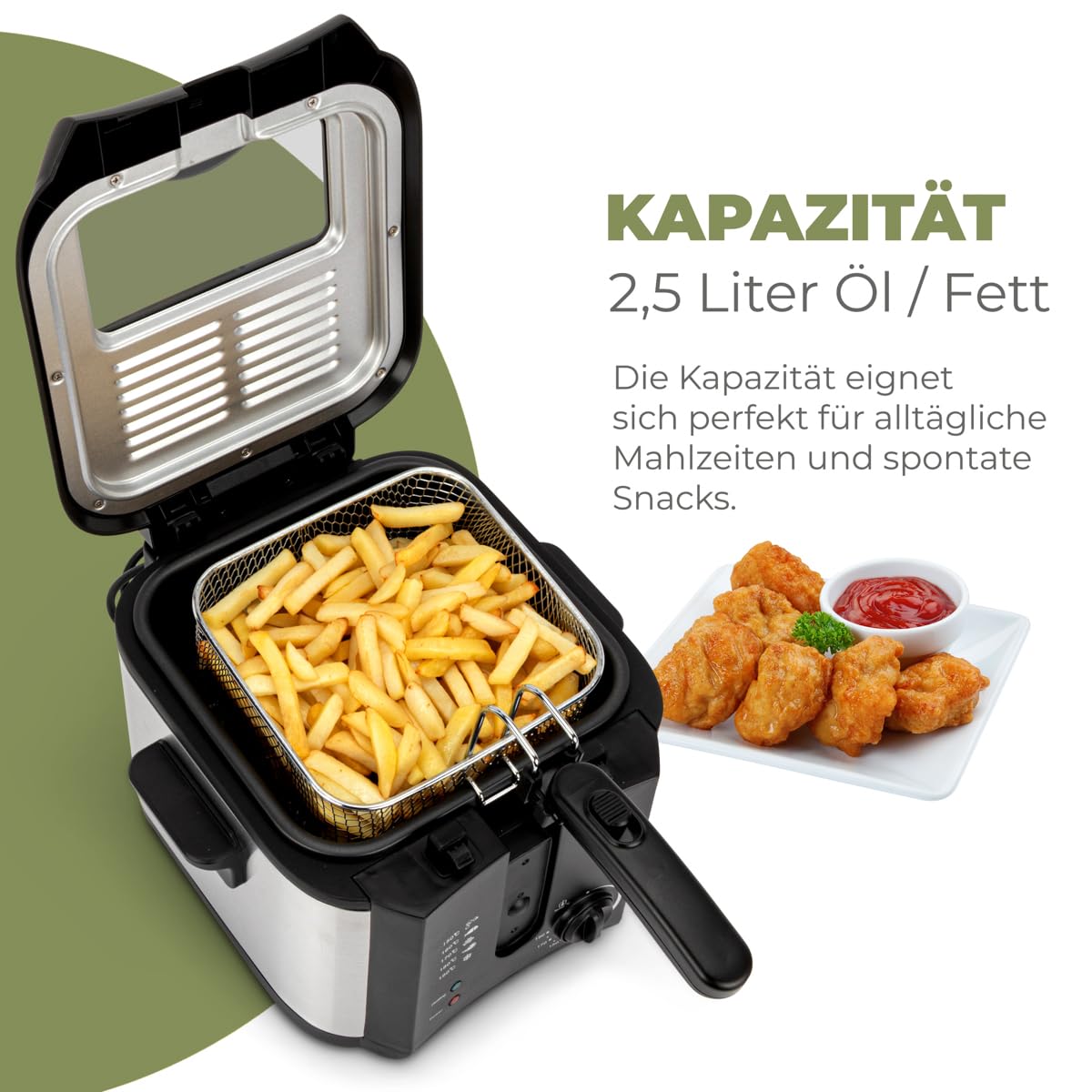 Clatronic® Friteuse mit Fett | 2,5 Liter | Fritteuse 130-190°C | Geruchs- und Fettdunstfilter | 1600W | Abtropfvorrichtung | Antihaft-Ölbehälter | Friteuse Öl | Fritteuse mit Öl | Fritöse FR 3649