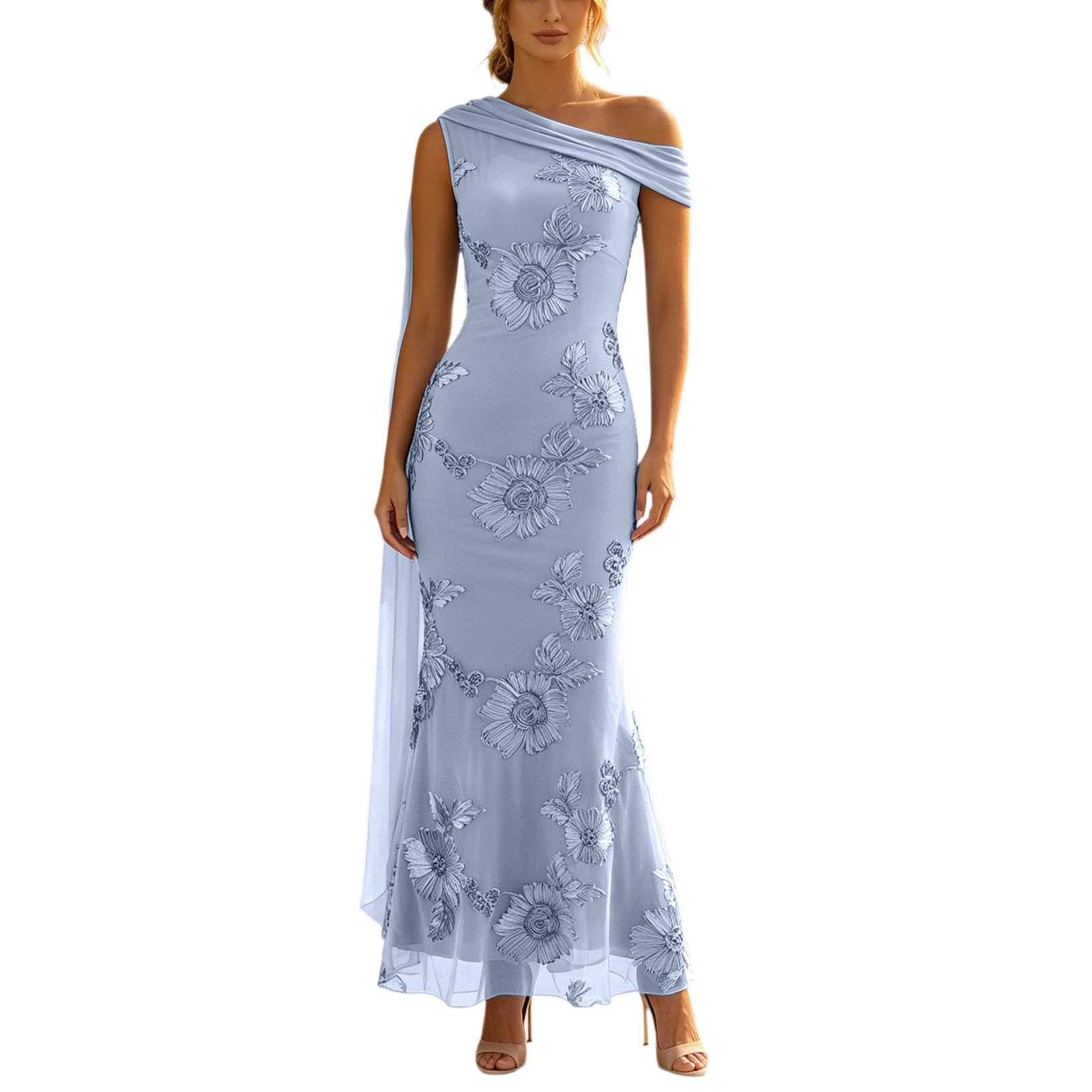 Generisch Elegante vestido de noche en color liso con estampado floral escultórico, hombros asimétricos y faja extraíble