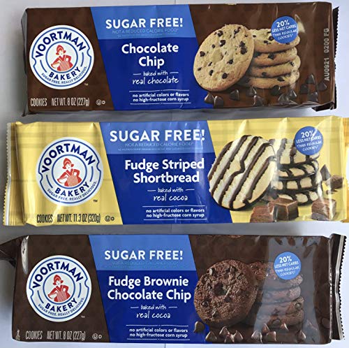 Voortman Sugar-Free Cookies, Fudge Brownie Chocolate Chip Fudge Striped Shortbread Chocolate Chip Chocolate Lovers 3 pack BUNDLE 8oz-11oz each