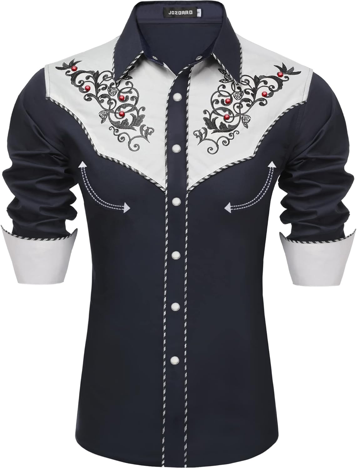 JoZorro Men's Long Sleeve Pearl Snap Shirt Rhinestone Cowboy Cut Western Embroidered Casual Button Down Shirt
