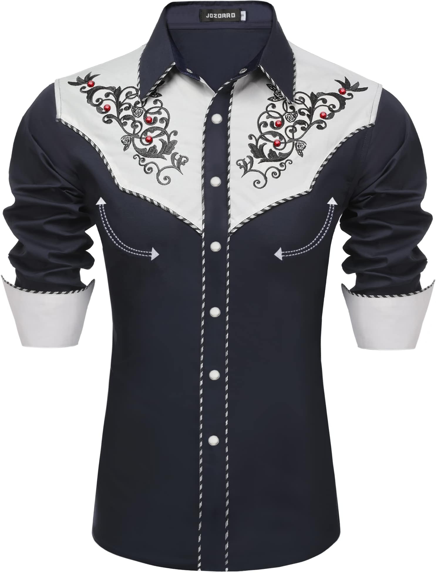 Men's Long Sleeve Pearl Snap Shirt Rhinestone Cowboy Cut Western Embroidered Casual Button Down Shirt