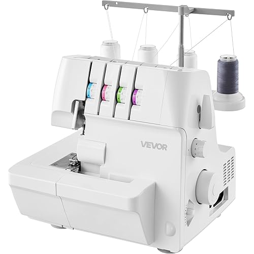 VEVOR Serger Overlock Sewing Machine, 1250 Stitches Per Minute, 2-3-4 Thread Capability, 0.7-2 Adjustable Differential Feed, with Free Arm and LED Light, Sewing Machine for Various Fabrics, White
