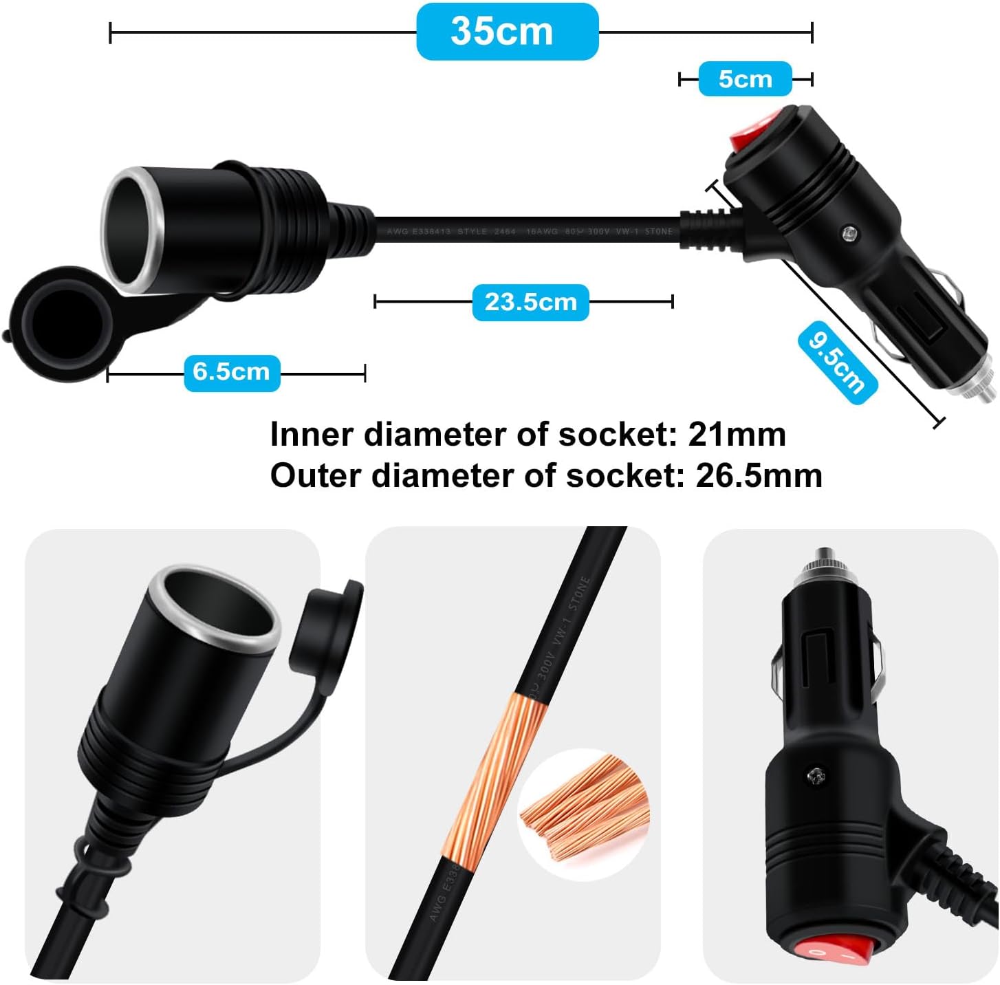 Cigarette Lighter Cable with On Off Switch 12V 24V Cigarette Lighter Extension Heavy Duty 16AWG 15A Fuse with LED Light, Waterproof Cover Suitable for Cars, Motorcycles, Boats (0.3 m/1FT)
