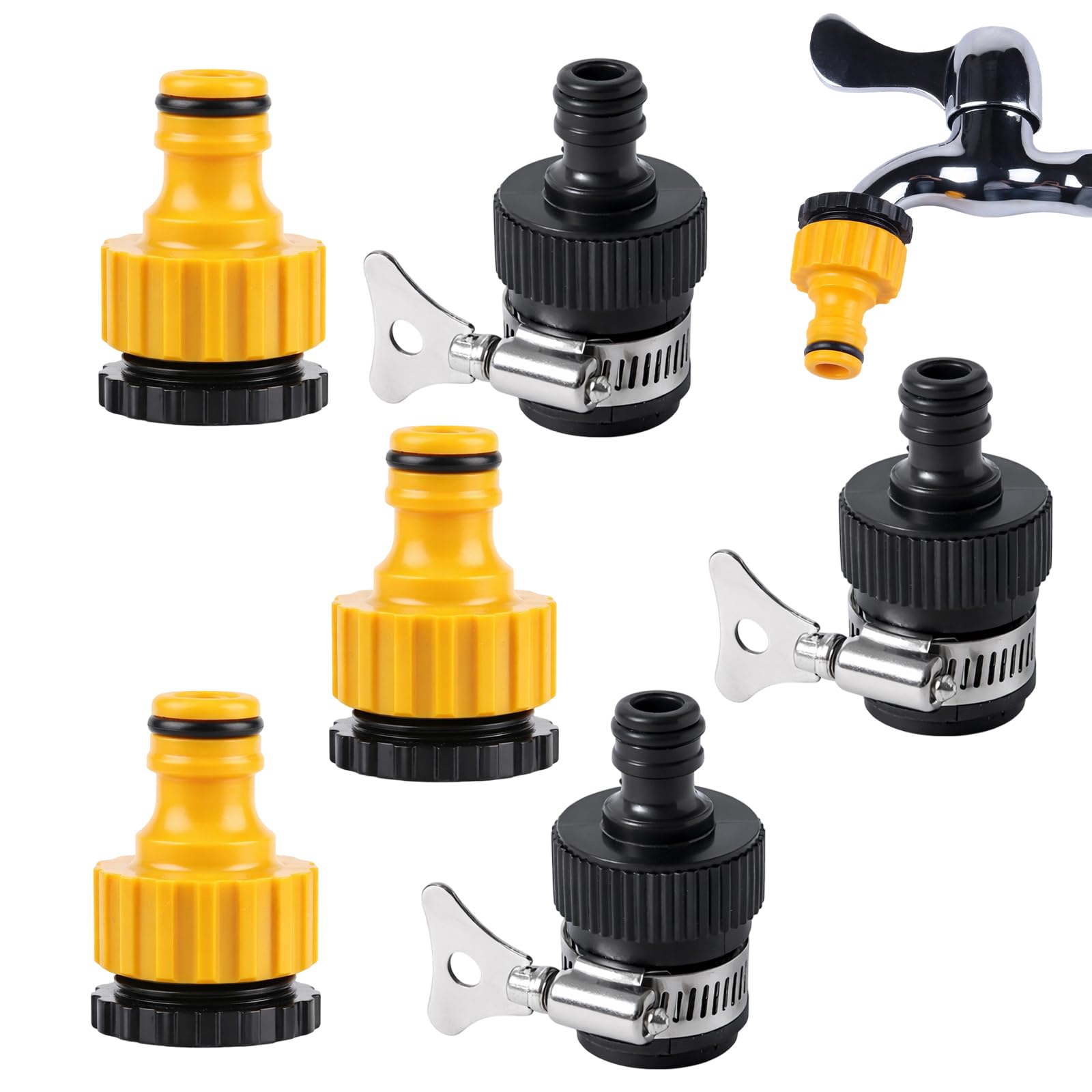 YcsRnn Tap Connector for Hose Pipe, Garden Hose Tap Connector with 6 Pieces, Outside Tap Hose Connector, Kitchen Tap Hose Adapter, Durable Hose to Tap Connector in Yellow and Black