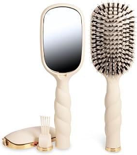 TELETIES - Boar Bristle Brush - Smooth Finish & Shine - For Slick Back Styles, Short Hair, Edge Control & Men’s Grooming - Built-In Mirror & Storage - Removable Cleaner - All Hair Types - Tan