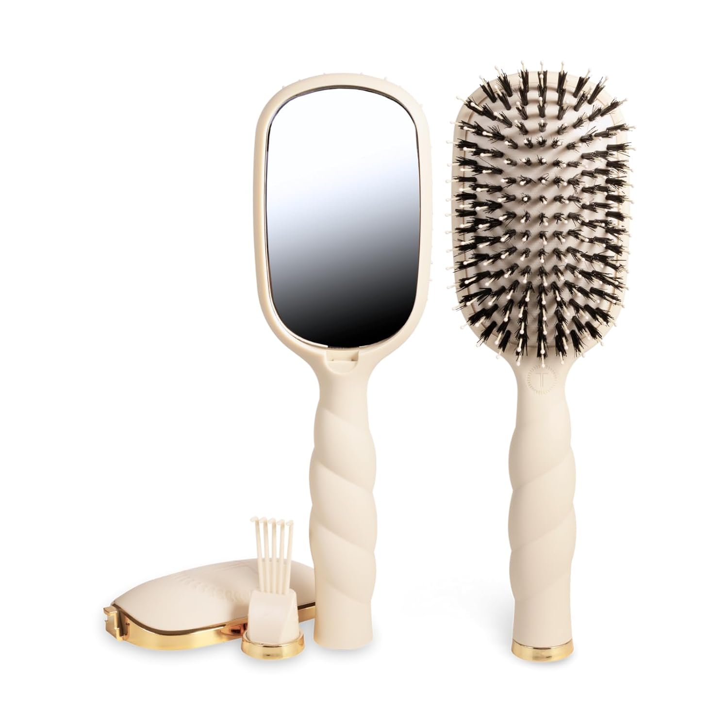 TELETIES - Boar Bristle Brush - Smooth Finish & Shine - For Slick Back Styles, Short Hair, Edge Control & Men’s Grooming - Built-In Mirror & Storage - Removable Cleaner - All Hair Types - Tan