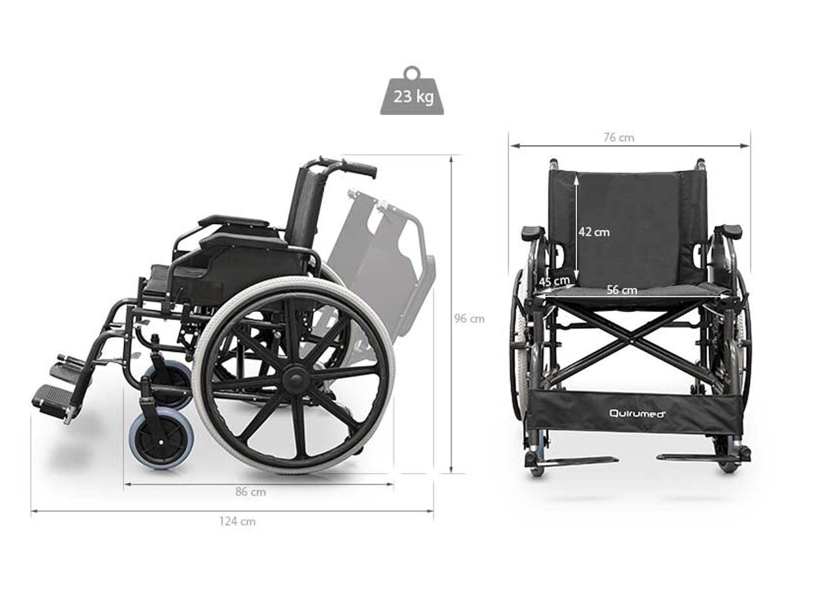 QUIRUMED Silla de ruedas, ANCHO ESPECIAL 56 CM UTILES, plegable, Acero, Acolchado extraíble, asiento amplio, Fácil plegado, Reposabrazos extraíbles, Para mayores, Para minusválidos