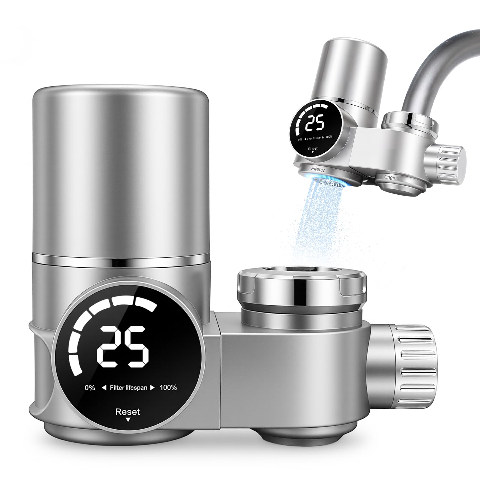 Filtre à Eau Robinet Acier Inoxydable 13 Étapes - Purificateur Eau UV Sans Batterie avec LED - Élimine Chlore/Calcaire/Métaux Lourds - Commutateur Eau Filtrée & Normale - Cartouche Longue Durée