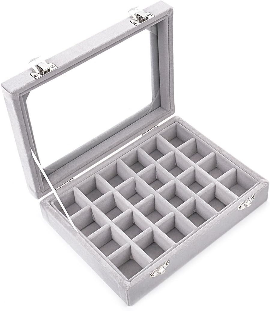 MeJell 24 Slot Velvet Glass Jewelry Box Organizer Rings Earrings Tray Display Storage Case