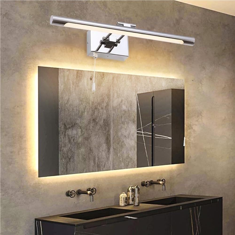 Aplique Espejo Baño Barra de luz de tocador cromada moderna, lámpara LED lineal for espejo de baño, luces delanteras de espejo de ángulo ajustable con interruptor de cadena de tracción(3000K,35cm)