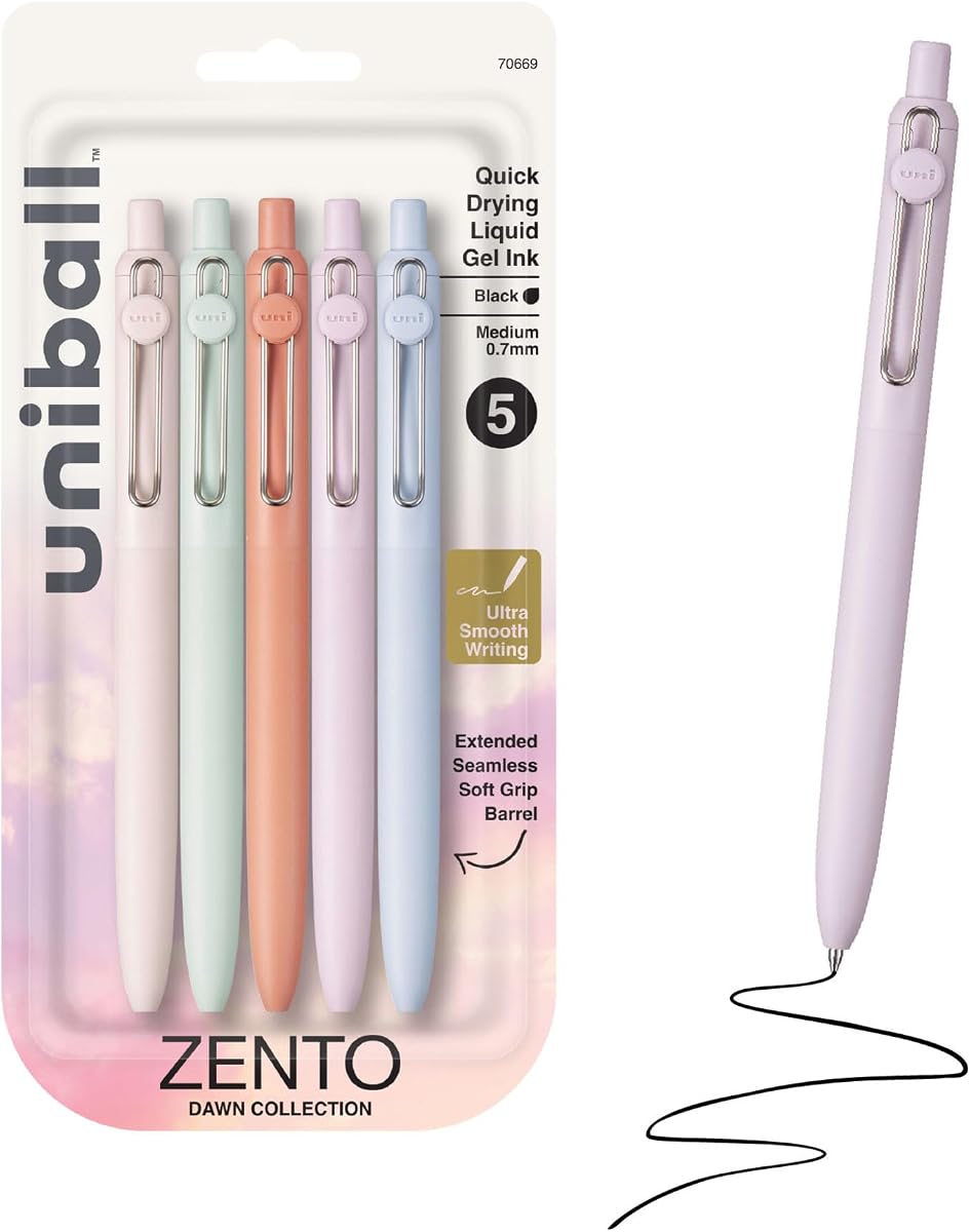 uniball™ Zento Gel Pens, Black Ink, 0.7mm Medium Point, 5 Count | Retractable, Smooth Writing, Quick-Drying, No Smear, No Bleed, Dawn Barrel Colors