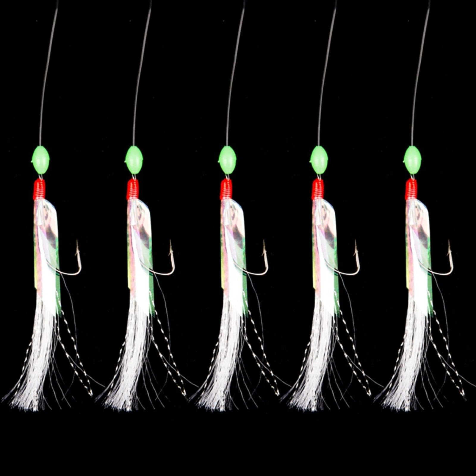 Paquete de 3 aparejos de plumas de caballa Sabiki – 15 anzuelos de pesca de mar con cuentas luminosas, aparejos de plumas de agua salada para caballa, róbalo, abadejo, bacalao y arenque accesorios de