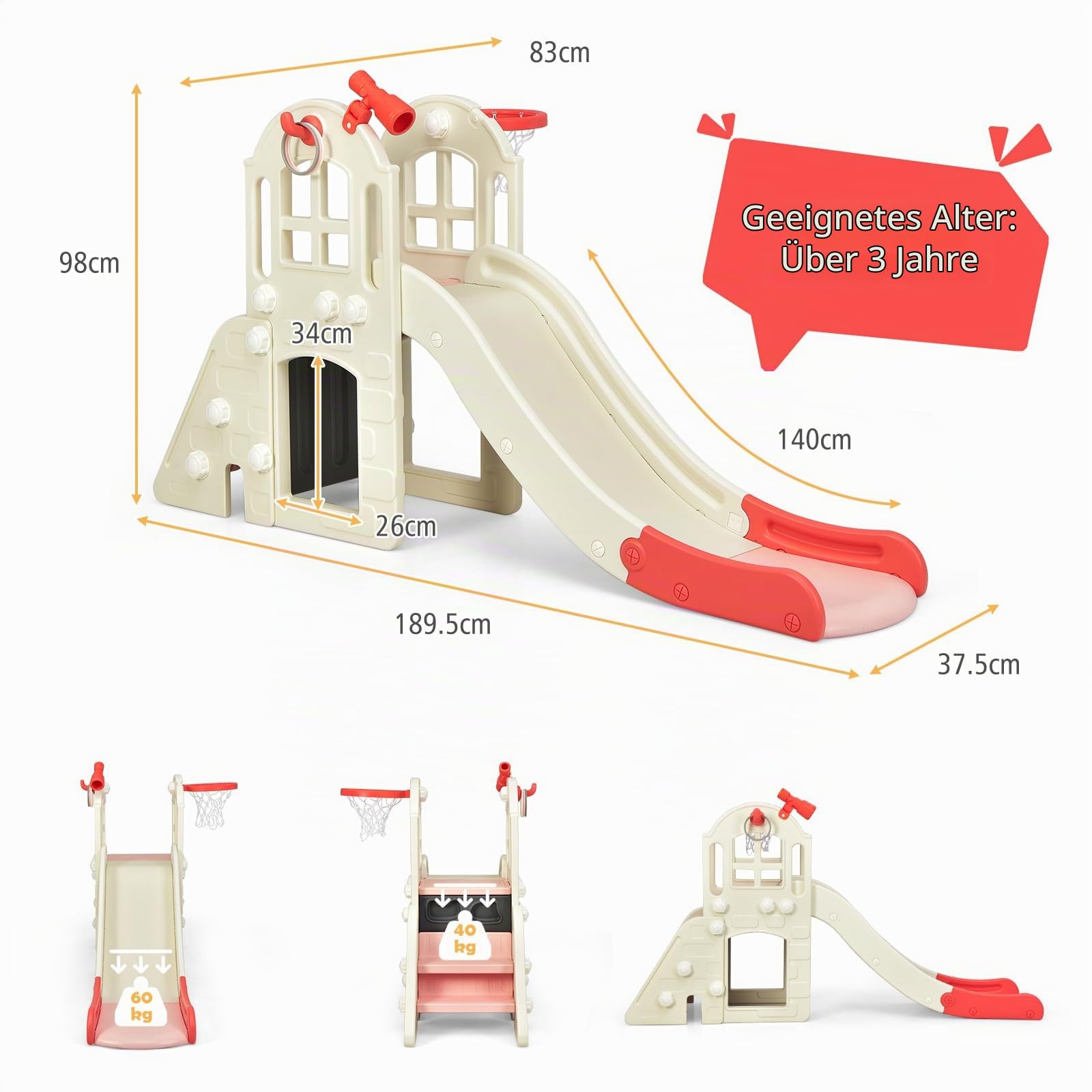 HOMASIS 6 in 1 Kinderrutsche Indoor & Outdoor, Kinder Rutsche mit Basketballkorb, Kletterleiter, Ringwurf, Tunnel, Teleskop, Babyrutsche Spielplatz Gartenrutsche für Kinder ab 3 Jahren (Rosa)