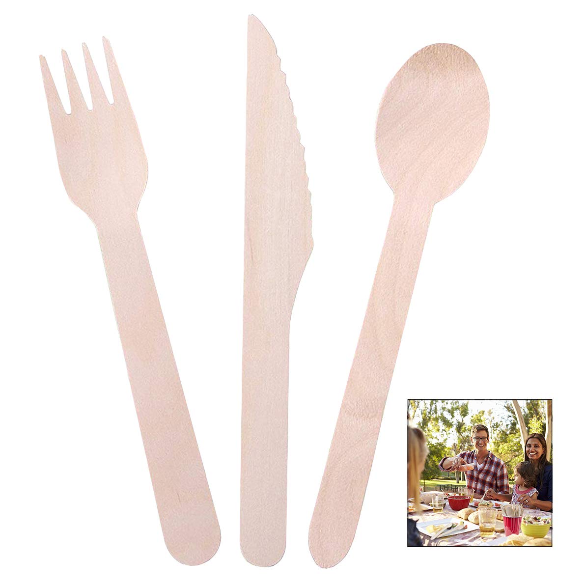 Posate usa e getta in legno biodegradabili compostabili, set per feste campeggio picnic 100 pezzi