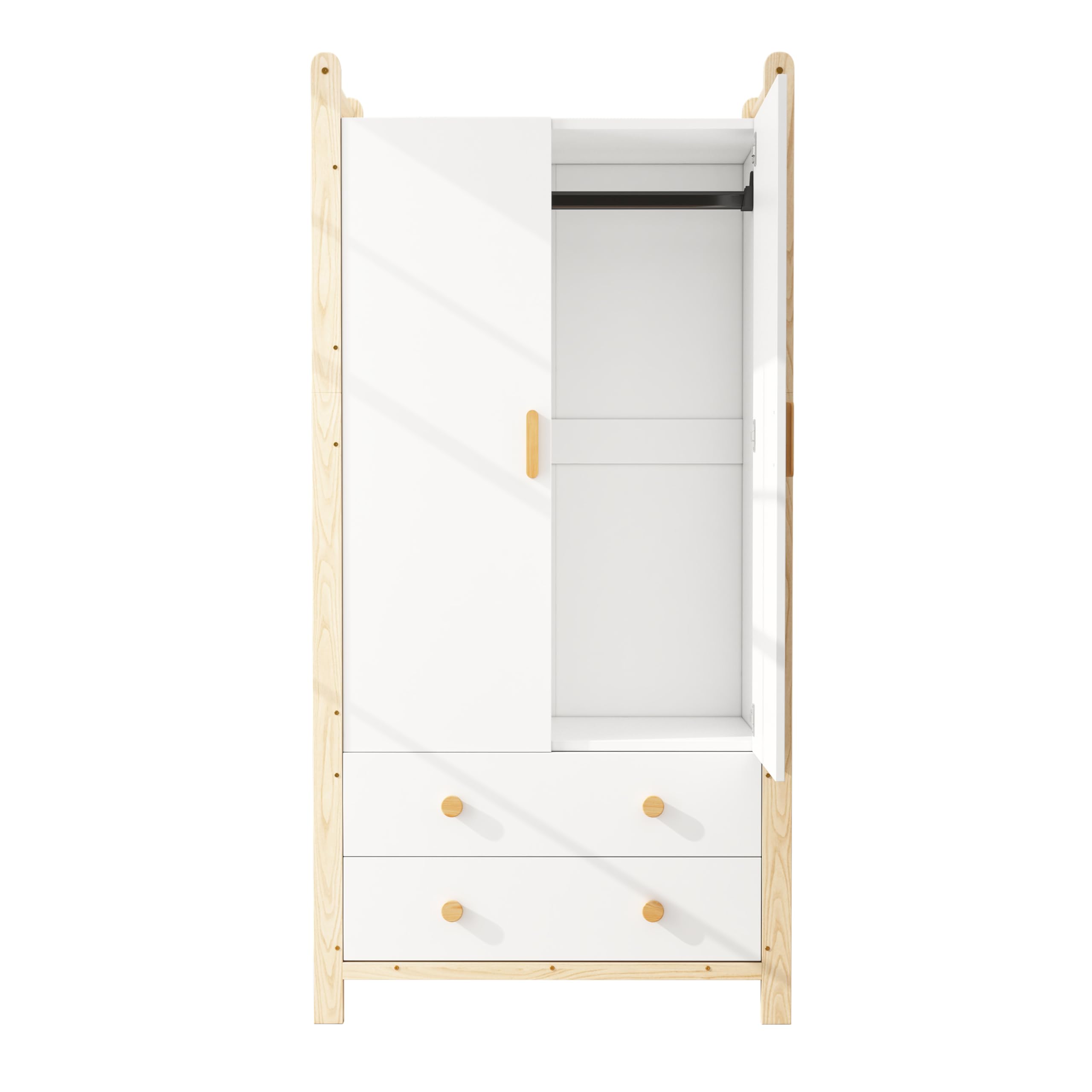 BTM Kleiderschrank 2 Türig mit Schubladen Kinderzimmer Kleiderschrank mit Stange Schlafzimmerschrank Flurgarderobe Weiß