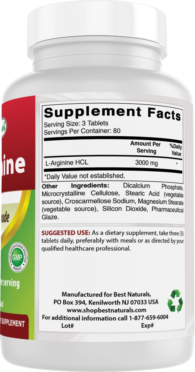 Best Naturals L-Arginine 3000mg Per Serving - 240 Tablets - Pharmaceutical Grade -Gluten Free - Made in the USA — Amazon image 6
