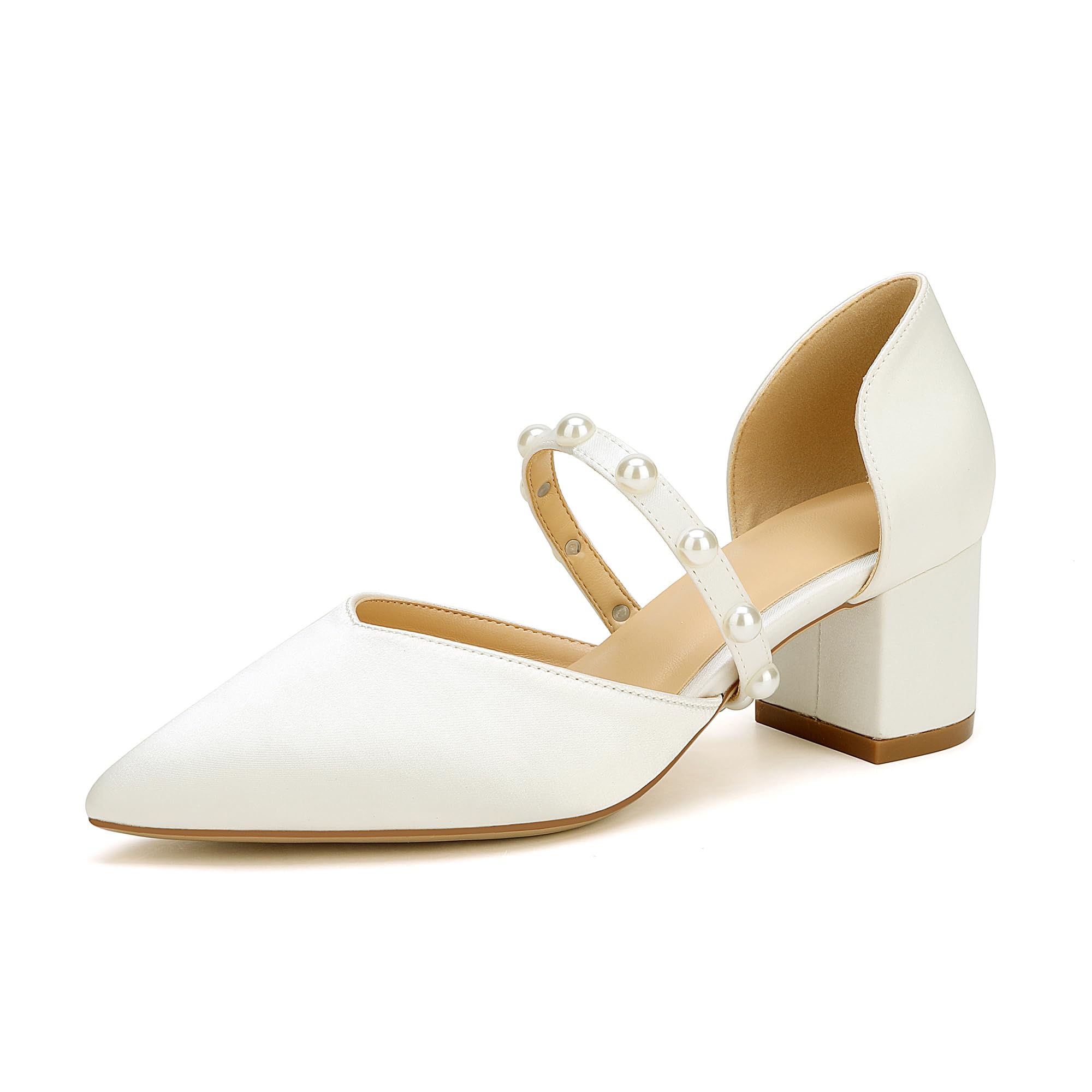 Isowbud Closed Toe Pearl Low Block Heels Wedding Shoes for Bride Chunky Heels Pumps for Women Bridal Shoes for Wedding