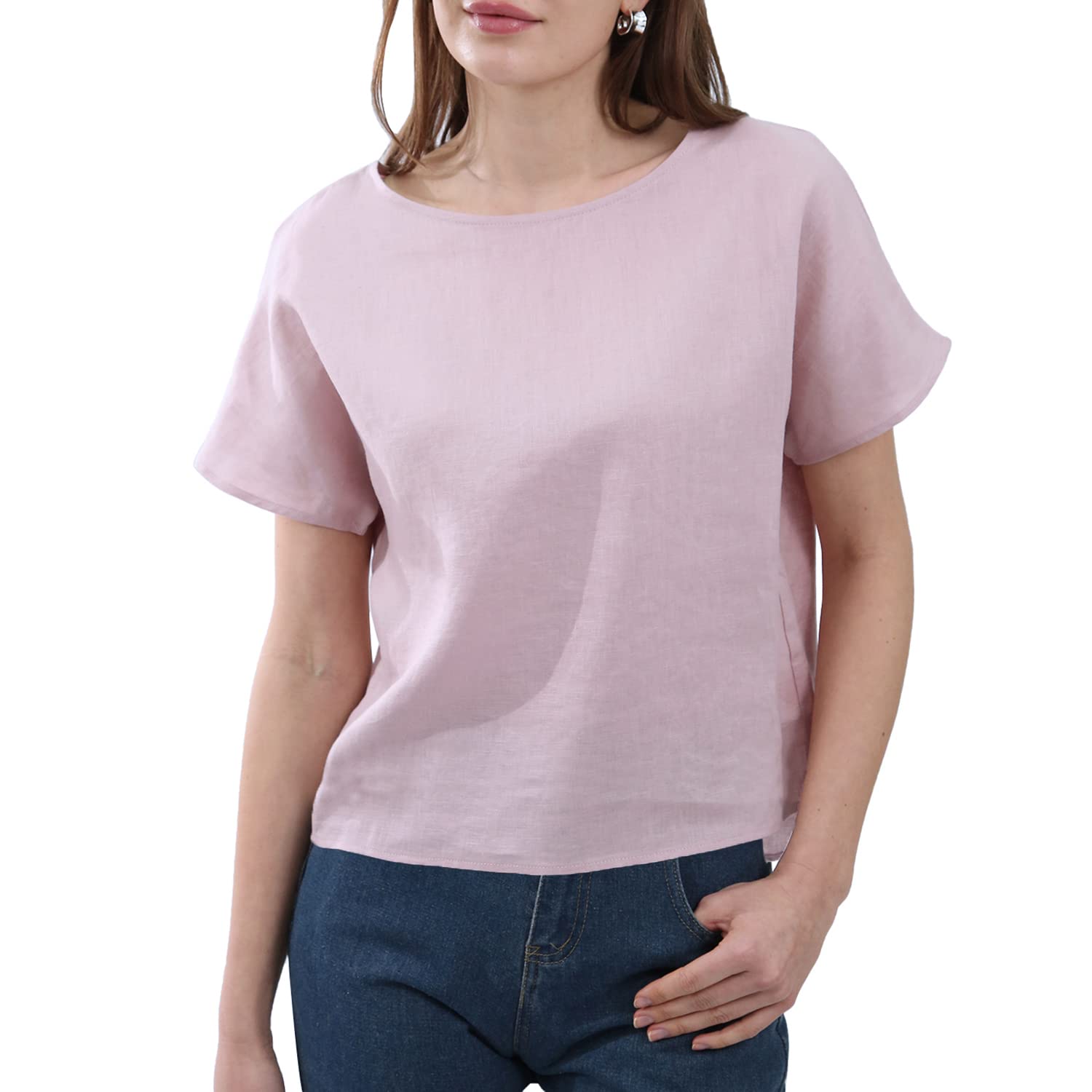 AmazhiyuWomens Linen Blouses, Summer Casual Basic Short Sleeves Crop Top, Crew Neck Loose Fit Shirts, 100% Linen Blouses