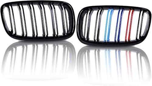Miniatura 3 de runmade Par de parrilla delantera para riñón, parachoques central, compatible con BMW serie X (MutiColor negro brillante, doble línea, 2007-2013