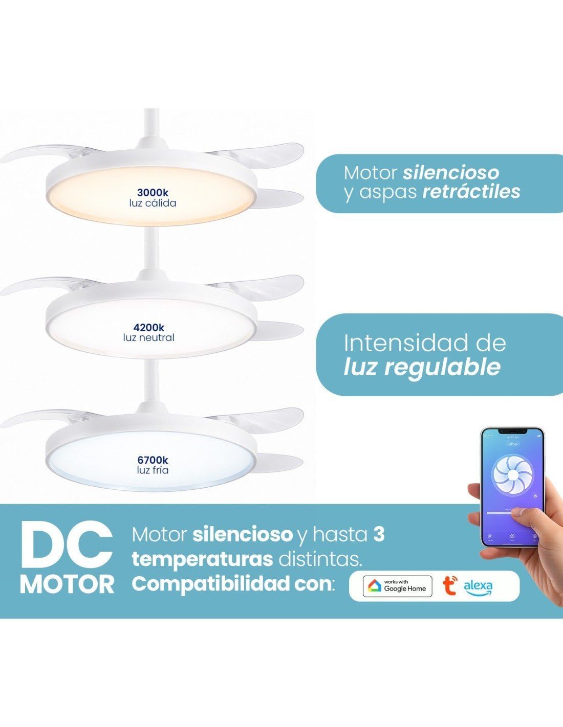 JARDIN202 - Ventilador de Techo Wifi Alexa/Google Home con Aspas Retráctiles, Motor DC, Temporizador, Luz LED Regulable, Mando a Distancia | 50 cm (Zahara Wifi Blanco)