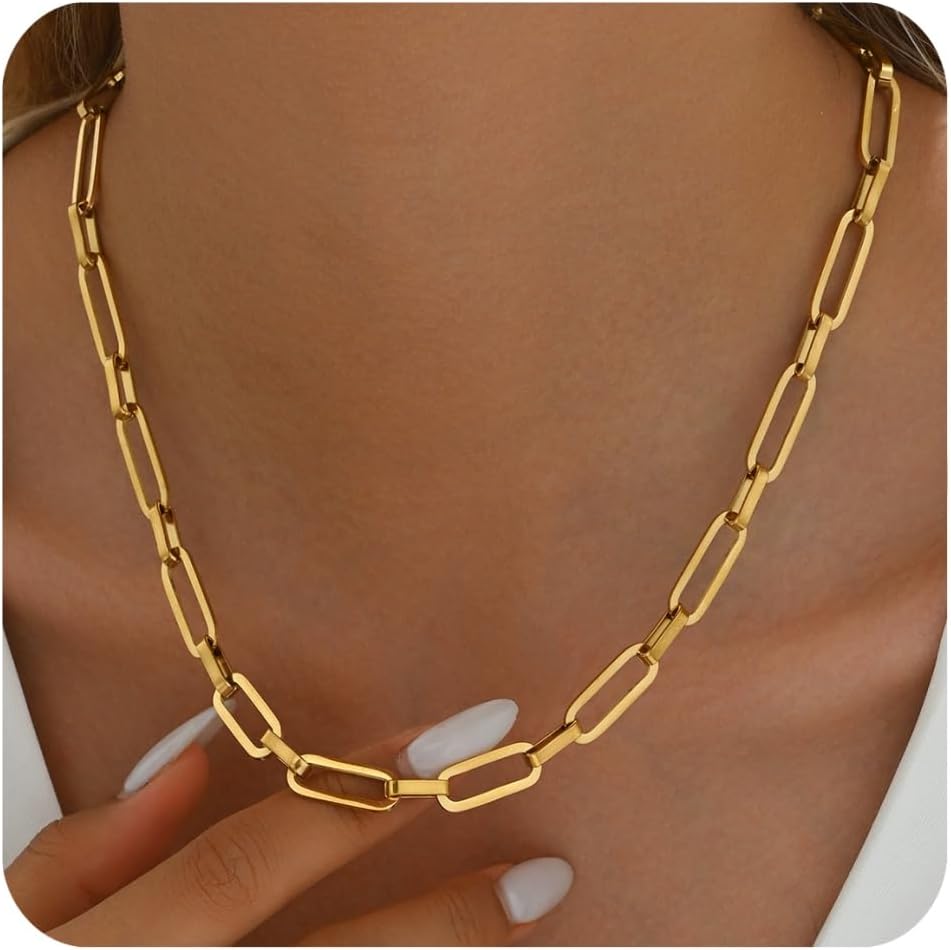 14k paperclip necklace for ladies and women, adjustable, exquisite and thick, fashionable jewelry gift
