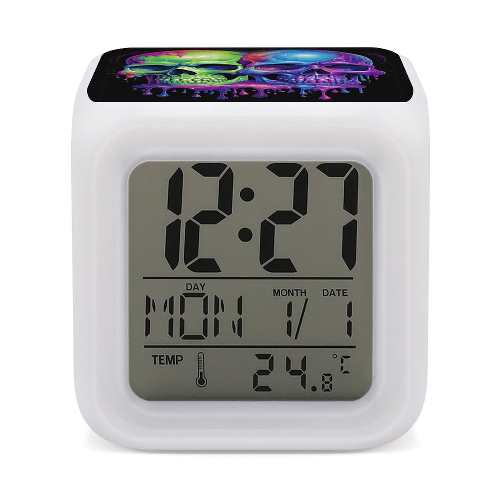 JTREHY 7 Color Changing LED Digital Alarm Clock,Two Colorful Skulls Printed Wake-up Clock with Temperature Display Home Decoration Alarm Clock for Bedroom Office