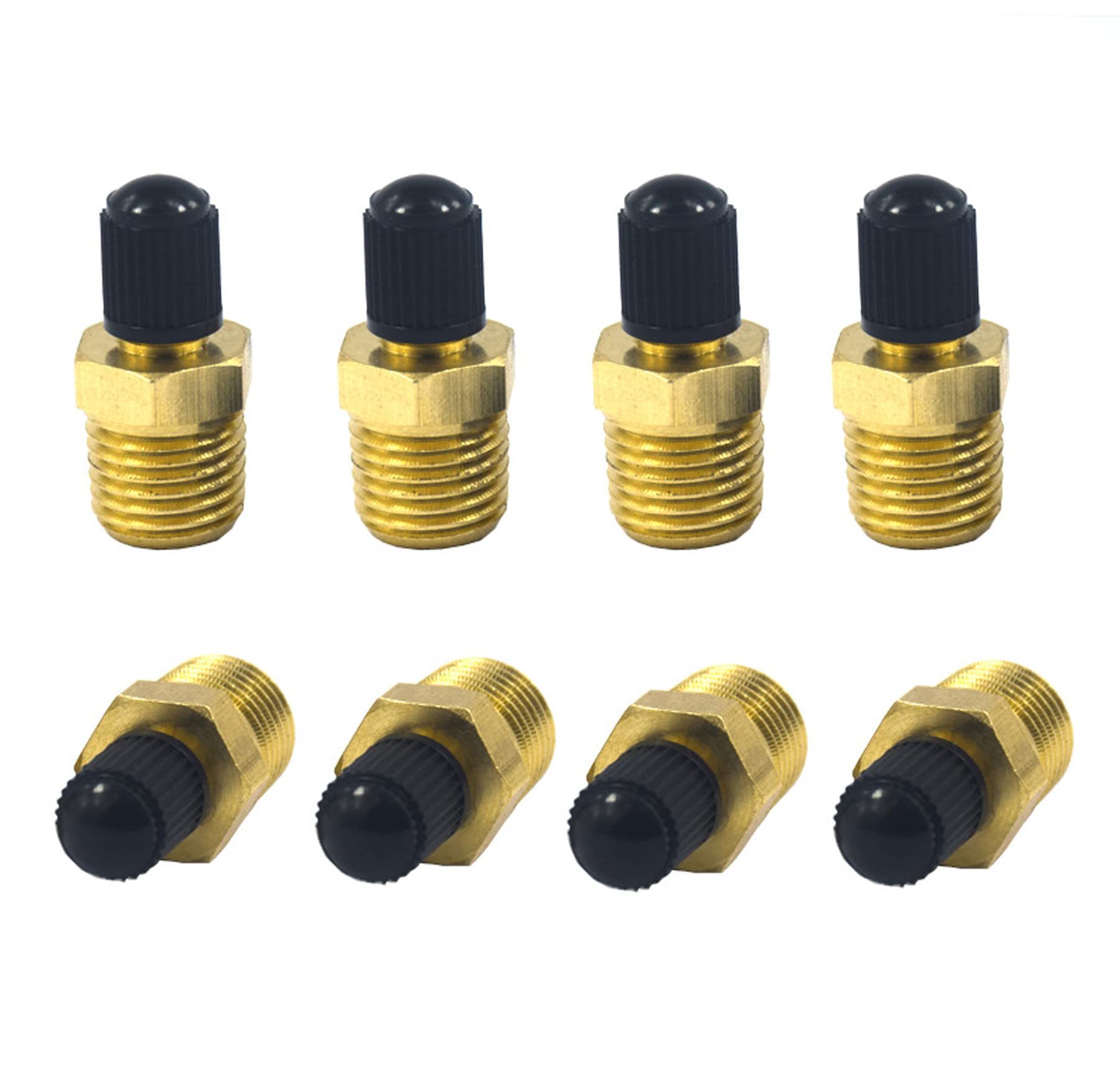 8 válvulas Schrader NPT de 1/4 pulgadas, válvula de tanque de rosca macho NPT de latón de 1/4 pulgadas con núcleo de válvula estándar y tapas de sellado