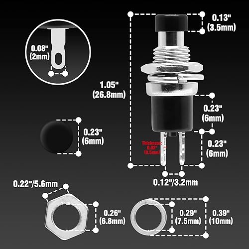 Miniatura 5 de BokWin 20 interruptores de botón micro pulsador, 1 A 250 VCA Mini interruptor momentáneo SPST interruptor de botón cerrado normal (tapa negra)