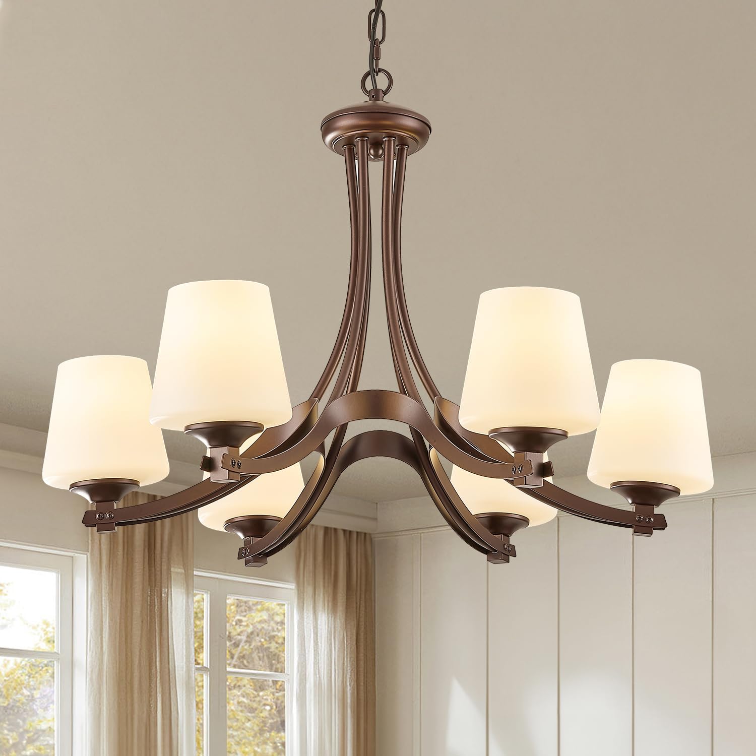 6-Light Oil Rubbed Bronze Farmhouse Chandelier Pendant Light Fixture with Frosted Glass, Matte Brown Rustic Ceiling Lighting Vintage Hanging Lamp for Dining Room Kitchen Island ,Height Adjustable