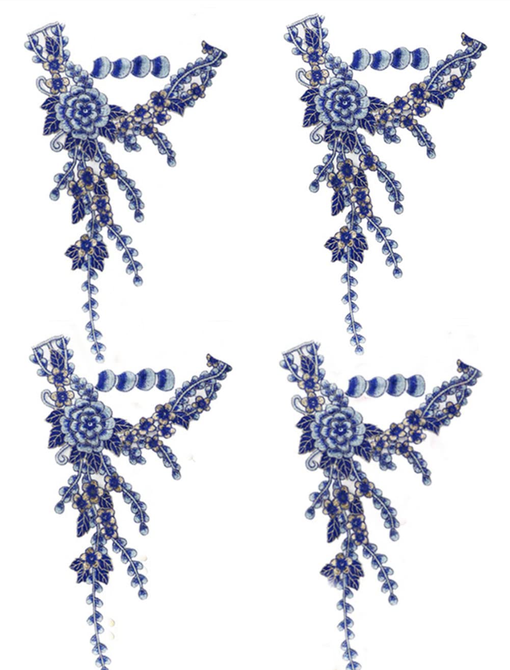 Aufnäher, Bekleidungsapplikationen, Bestickte Blumenstoffaufnäher, 4er-Pack Blumenapplikationen for Aufnähen(Blue)