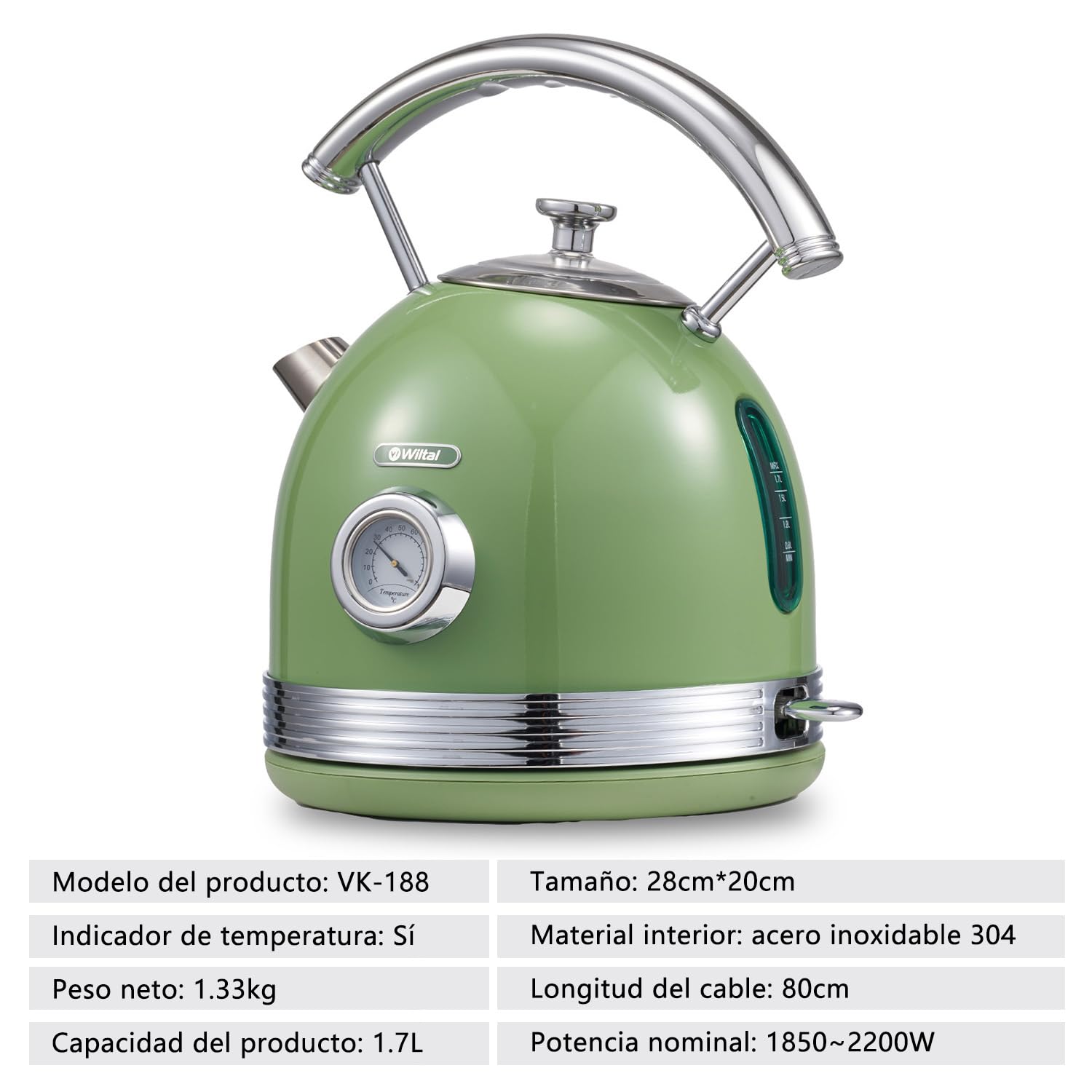Hervidor eléctrico retro Wiltal, de acero inoxidable, juego de hervidor eléctrico y tostadora, 2200 W, 1,8 litros, ideal para té, café, alimentos para bebés, sin BPA. Verde