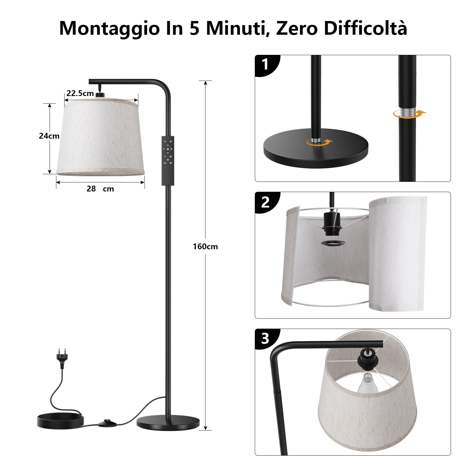 Lampada da Terra, Piantana Dimmerabile Moderna con Telecomando Magnetico, Lampada da Terra Salotto con Paralume in Lino Beige, Lampadina E27, per Soggiorno, Camera da Letto, Ufficio