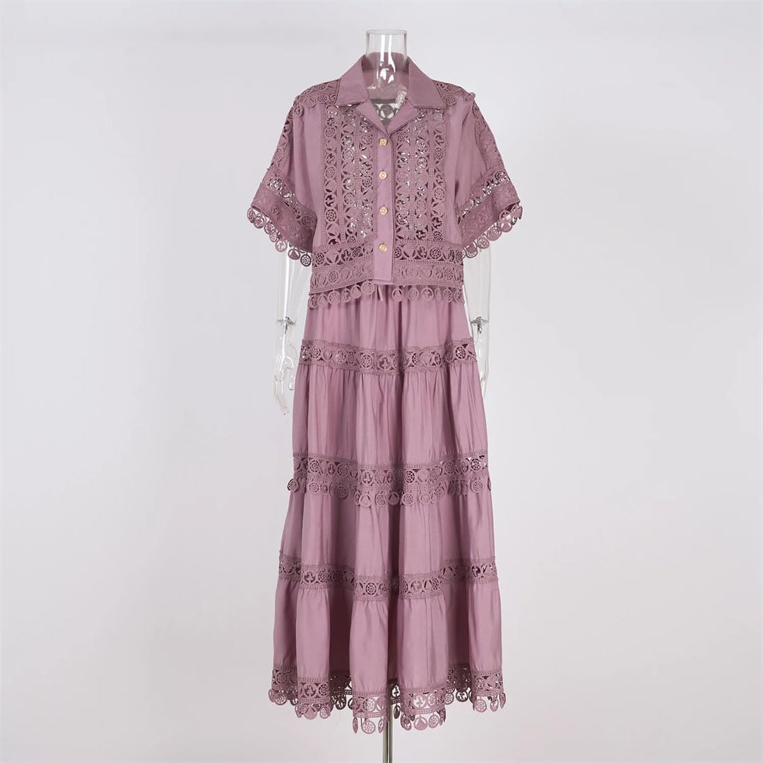 Chemise courte d'été pour femmes jupes maxi costumes dentelle brodée évider robe longue ensemble deux pièces