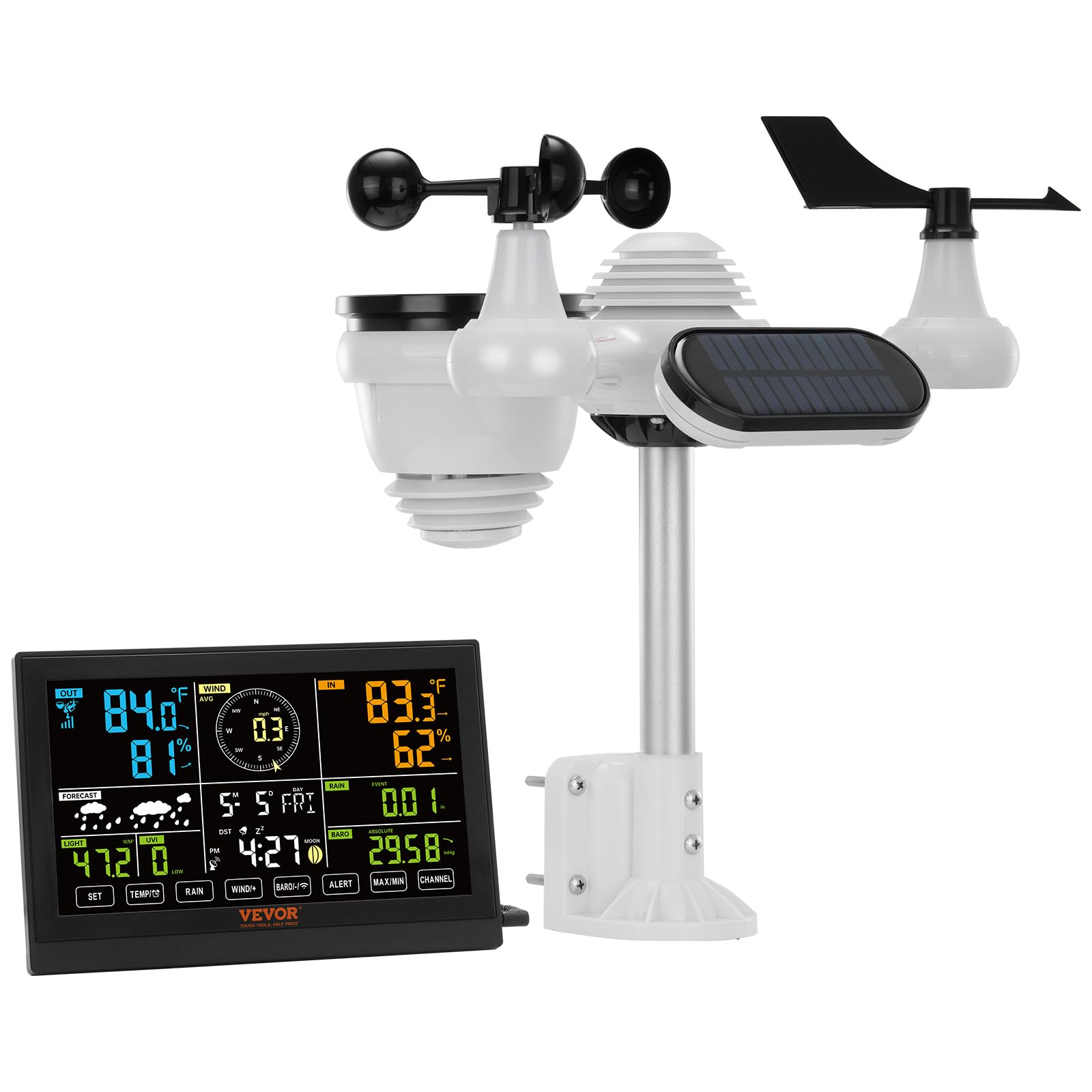 VEVOR 7-in-1 Wireless Weather Station, 7.5 in Color Display, Digital Weather Station Indoor Outdoor, for Temperature Humidity Wind Speed/Direction Rain UV, with Forecast Data, Alarm, Alerts-NO WiFi