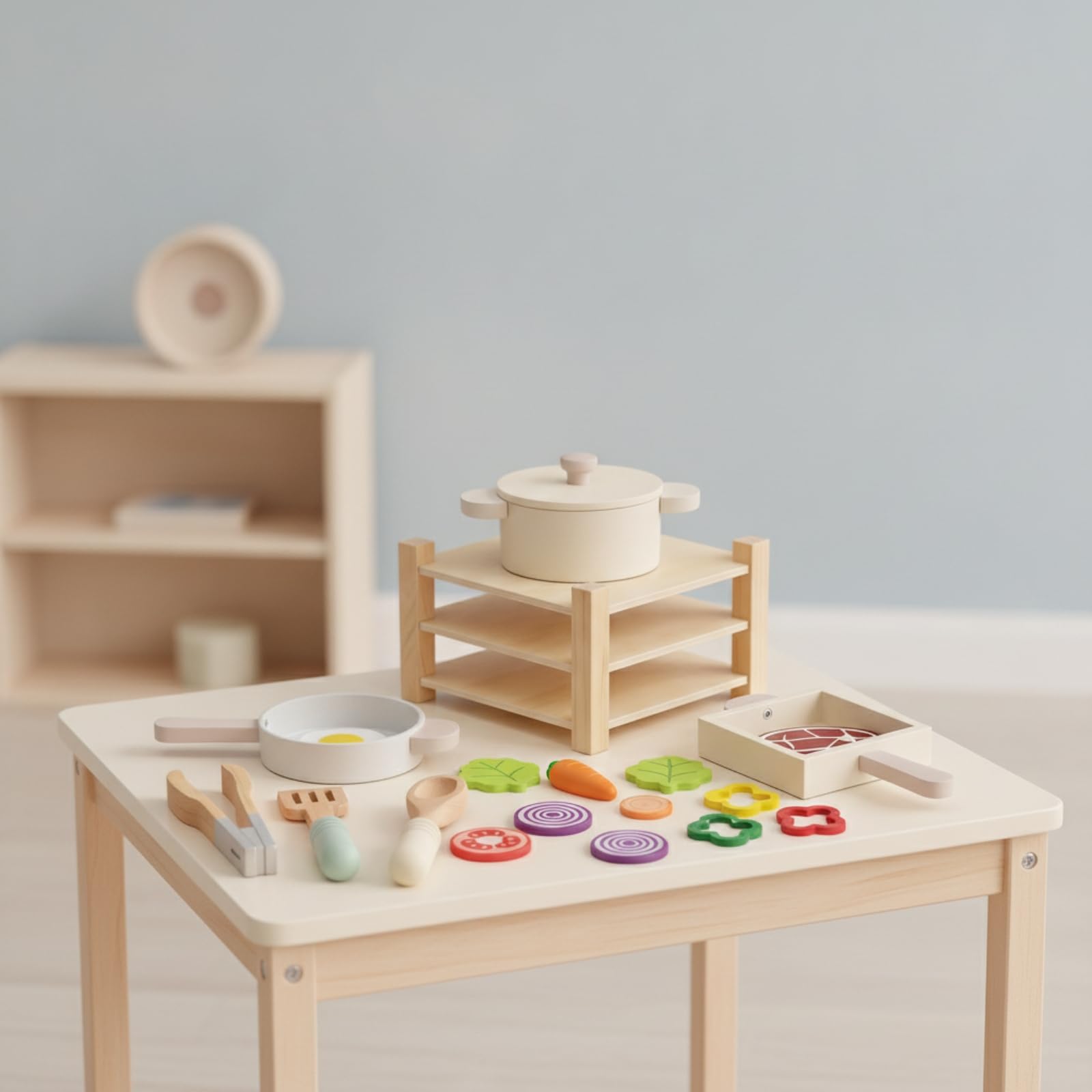 Dînette en Bois avec Étagère D'imitation Équipement Culinaire Cuisine en Bois Éducatif Ensemble Cuisine avec Casseroles et Poêles pour Enfants