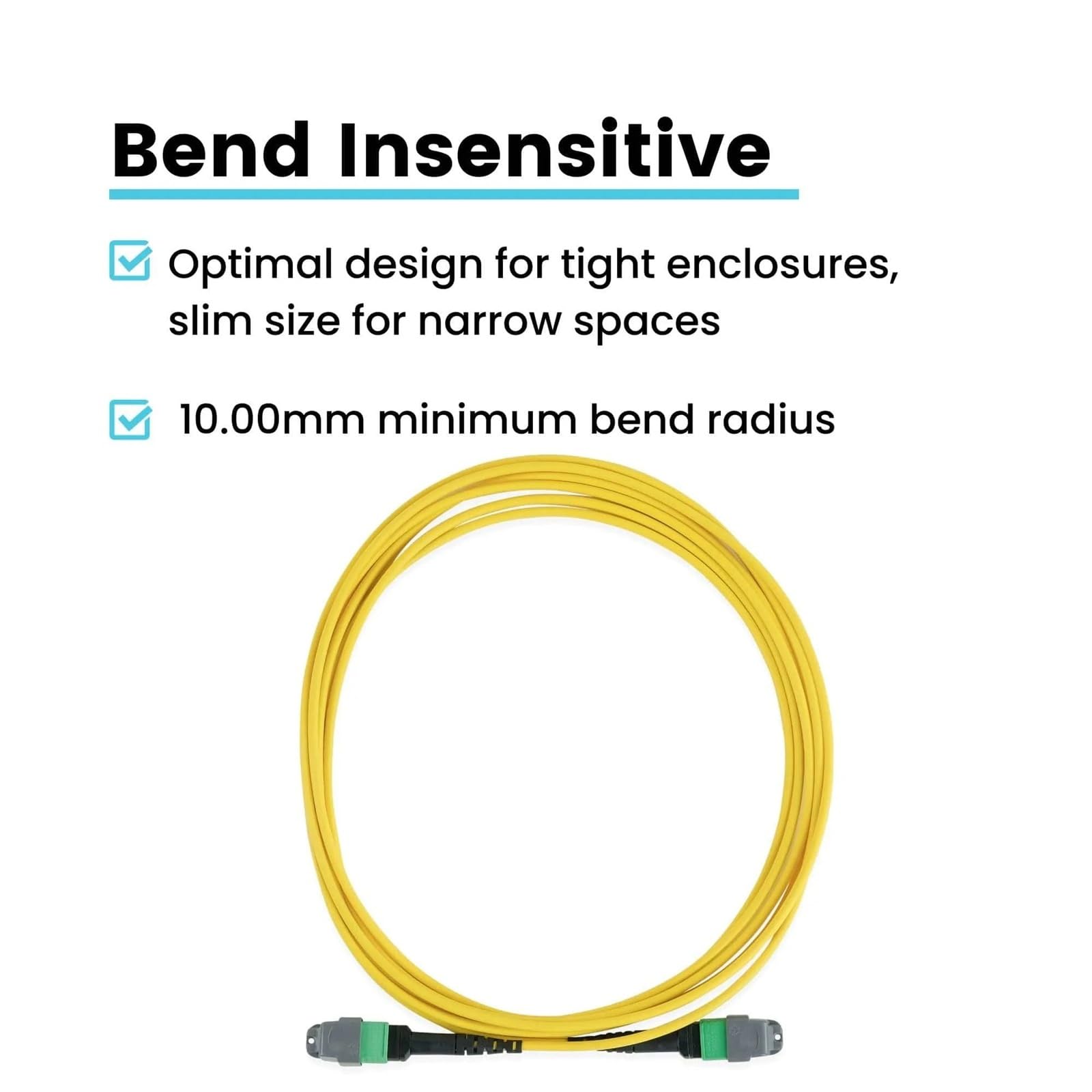 Conector hembra estándar MTP de 12 fibras a conjunto de cable personalizado de 9/125 µm, microdistribución OS2 monomodo, clasificación plenum amarilla(5m)
