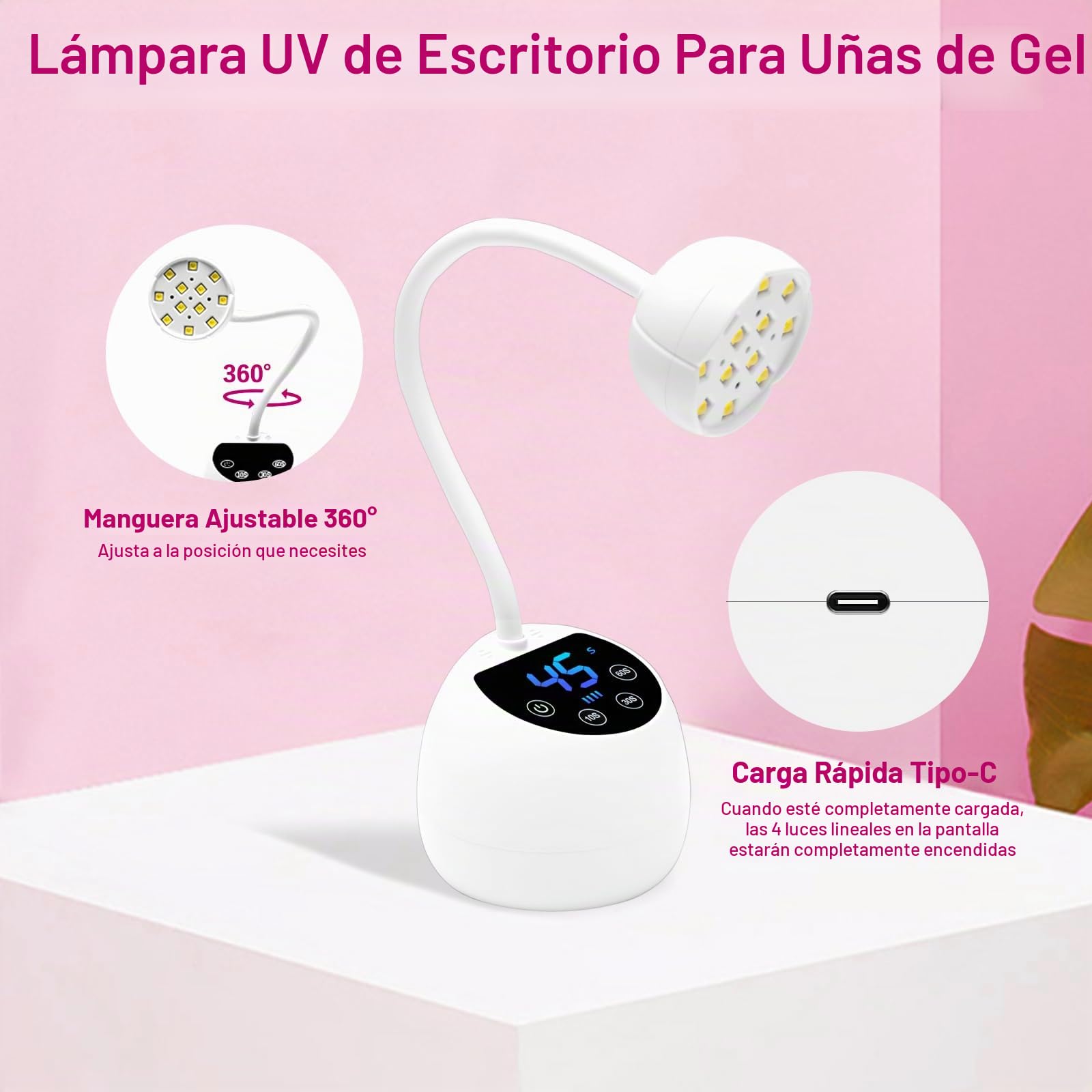 CGBE Mini Lámpara UV Uñas con Sensor Automático Inteligente y Pantalla LCD, 12 Perlas LED Mini Lámpara de Uñas con 4 Modos de Temporizador, 36W Portátil Secador de Uñas Adecuado para Salón y Hogar
