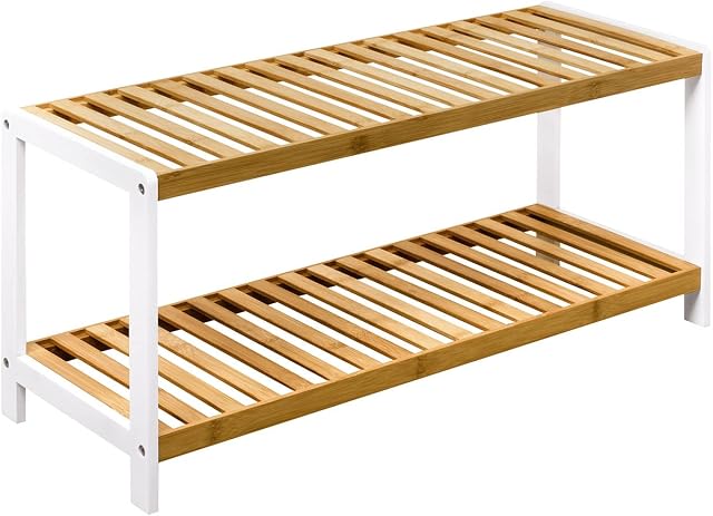 woodluv 2 Tier Natural Bamboo Shoe Rack Stand Shelf Shelving Hallway,Bedroom,Bathroom,Living Room Organizer Holder Storage for 6 pairs shoes